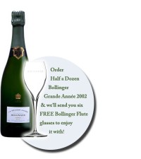 2002 Bollinger Grand Annee 6 Bottle Cases with 6 FREE bollinger champagne flutes, 2002